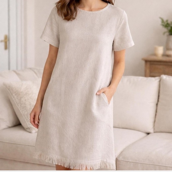 Crown Linen Designs Dresses & Skirts - Crown Linen blend  Beige with subtle metallic Short Sleeve Dress